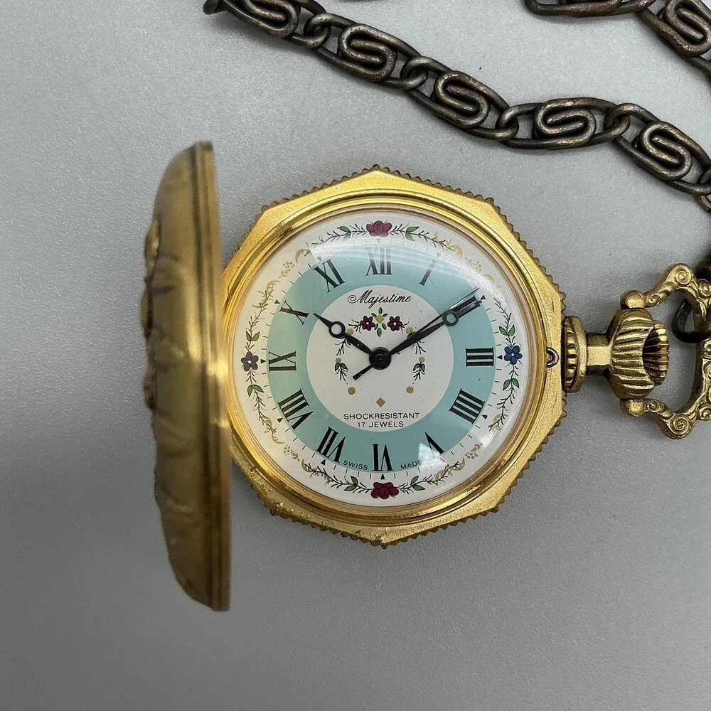 Vintage Mystime Pocket Watch Men 47mm Floral Dial Gold Tone Car Manual Wind